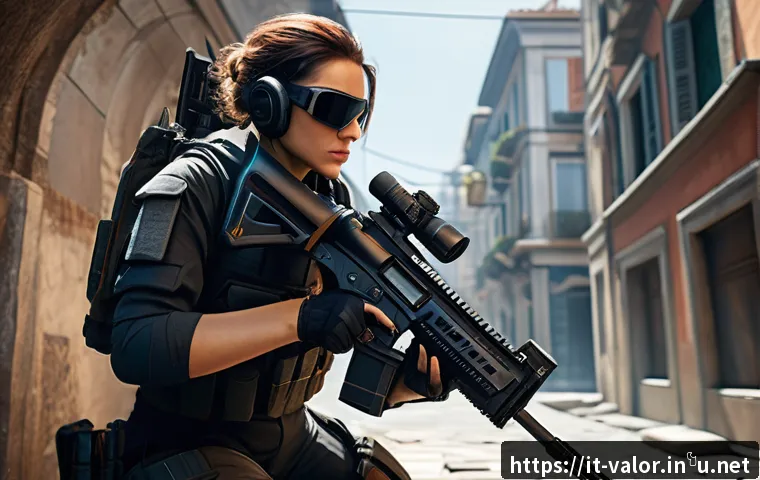 발로란트 업데이트 이후 필수 정보 - A dynamic tactical scene from a first-person shooter game, showing a professional female agent in sl...