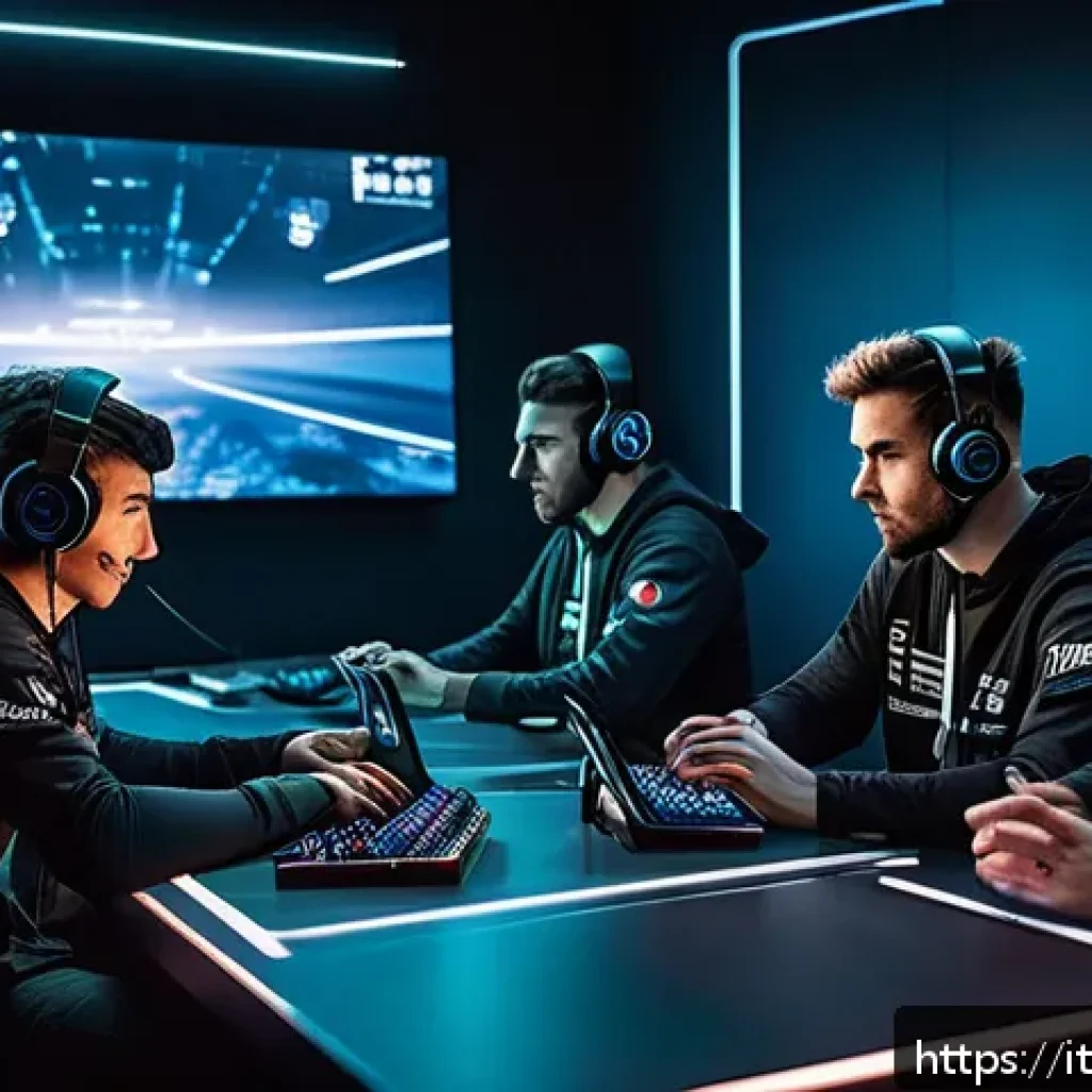발로란트 라운드별 자금 관리 - A tactical esports team gathered around a digital table in a dimly lit, modern gaming room, intensel...