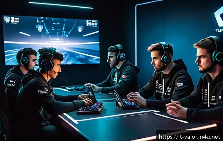 발로란트 라운드별 자금 관리 - A tactical esports team gathered around a digital table in a dimly lit, modern gaming room, intensel...