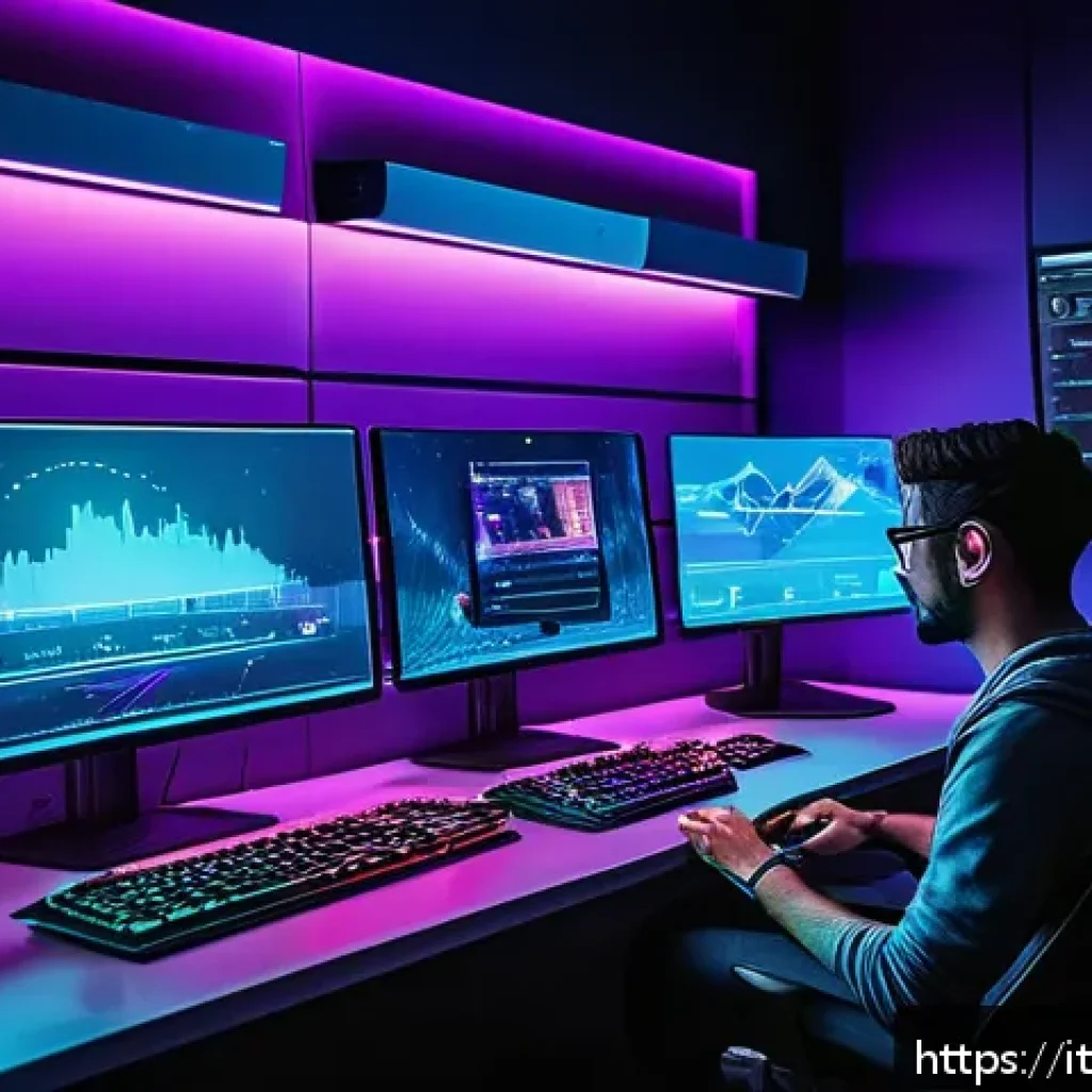 발로란트 유저 통계 사이트 활용법 - A detailed digital illustration of a gamer analyzing gameplay statistics on multiple futuristic holo...