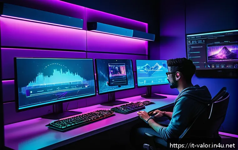 발로란트 유저 통계 사이트 활용법 - A detailed digital illustration of a gamer analyzing gameplay statistics on multiple futuristic holo...