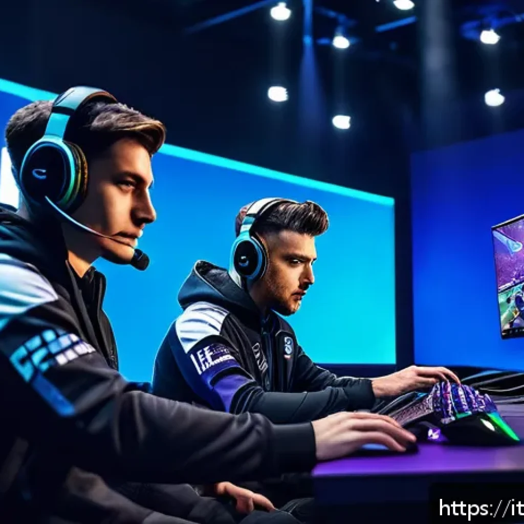 발로란트 게임 내 경제 분석 콘텐츠 - A dynamic esports team scene inside a modern gaming arena, showcasing five diverse players coordinat...