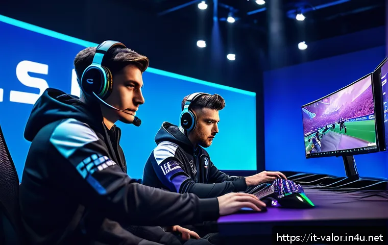 발로란트 게임 내 경제 분석 콘텐츠 - A dynamic esports team scene inside a modern gaming arena, showcasing five diverse players coordinat...