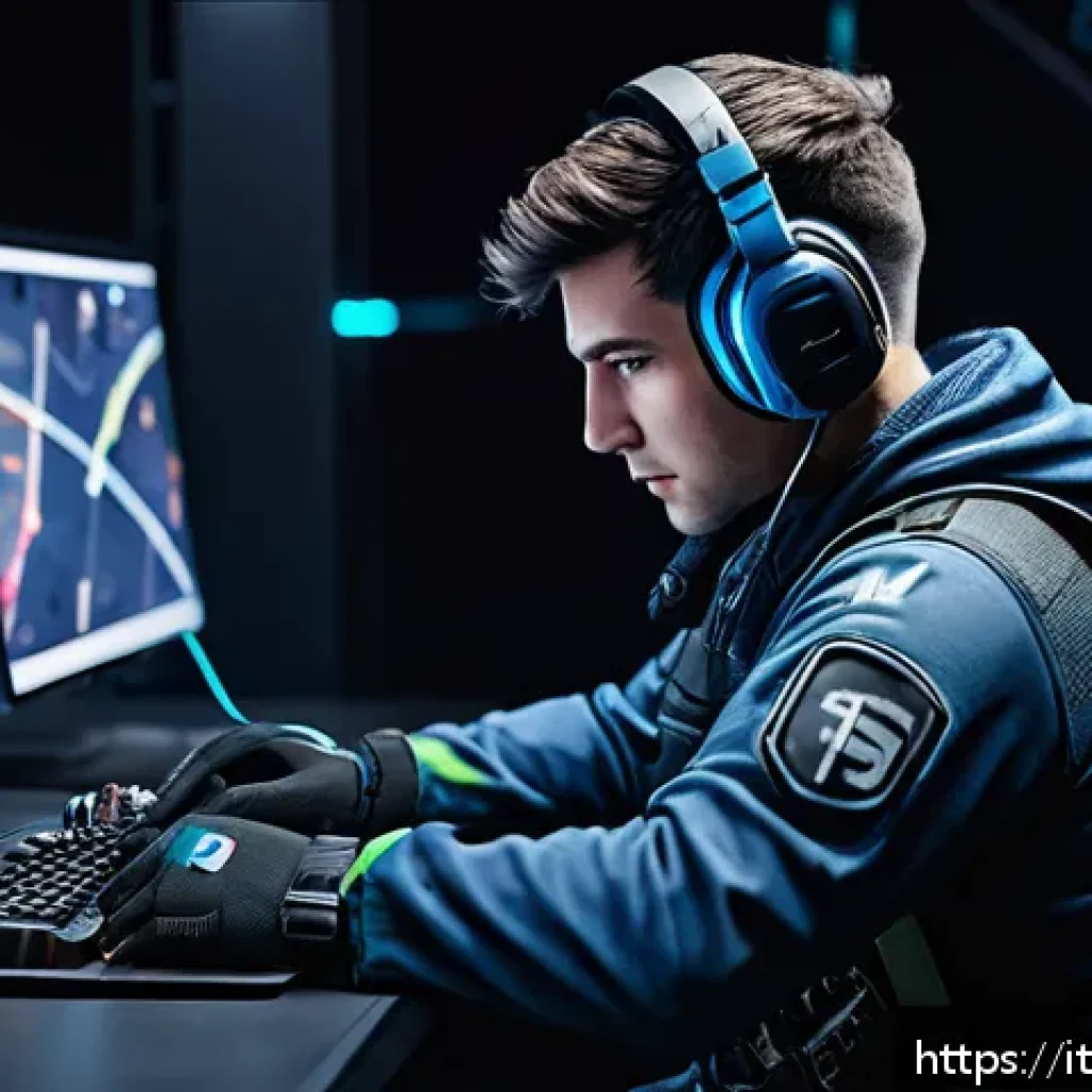 발로란트 티어 등급 설명 - A dynamic esports scene featuring a mid-level competitive Valorant player in full tactical gear, foc...