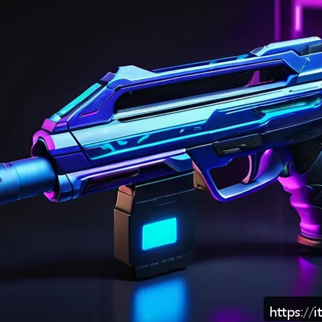 발로란트 커뮤니티에서 추천받은 스킨 - A futuristic Valorant weapon skin named "Cybernova," featuring sleek neon blue and purple highlights...