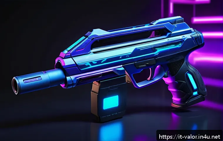 발로란트 커뮤니티에서 추천받은 스킨 - A futuristic Valorant weapon skin named "Cybernova," featuring sleek neon blue and purple highlights...