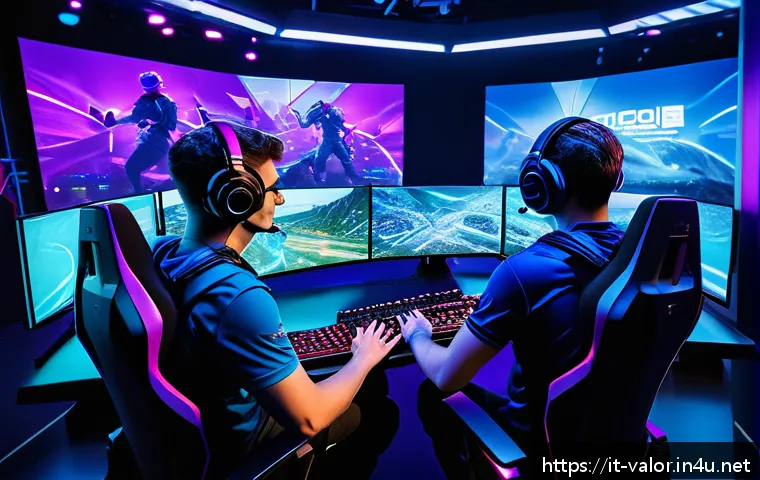 발로란트 유저 리뷰 반영 콘텐츠 - A dynamic esports team in a high-tech gaming arena, intensely coordinating strategies during a Valor...
