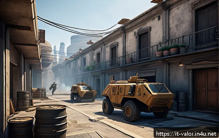 발로란트 데드락 공략법 - A highly detailed tactical gaming scene set in a futuristic urban map with narrow corridors and open...