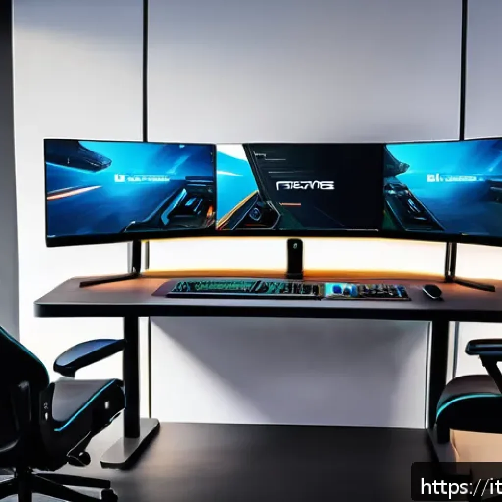 발로란트 멀티 모니터 지원 - A modern gaming room setup featuring a multi-monitor configuration with three screens arranged in a ...