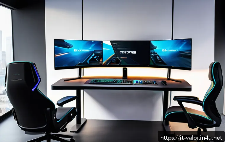 발로란트 멀티 모니터 지원 - A modern gaming room setup featuring a multi-monitor configuration with three screens arranged in a ...