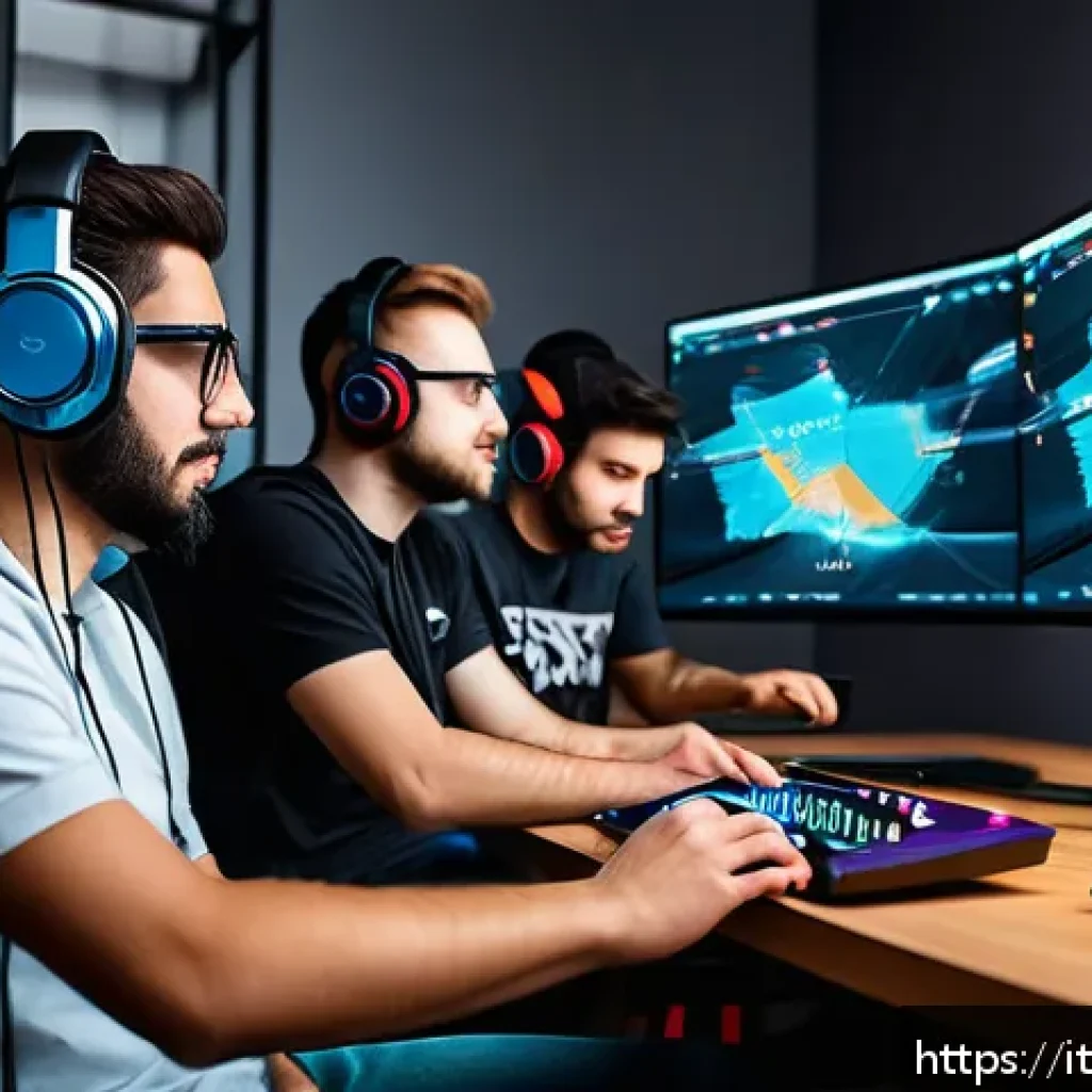발로란트 최적 커뮤니케이션 툴 - A competitive gaming team gathered around a high-tech gaming setup in a modern Italian apartment, us...