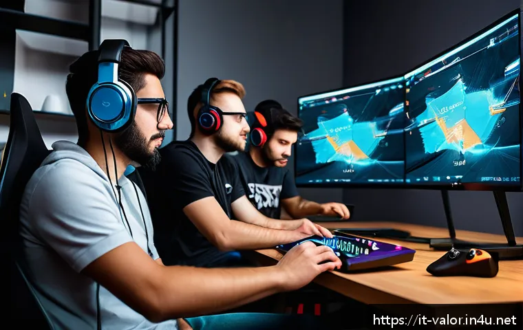 발로란트 최적 커뮤니케이션 툴 - A competitive gaming team gathered around a high-tech gaming setup in a modern Italian apartment, us...