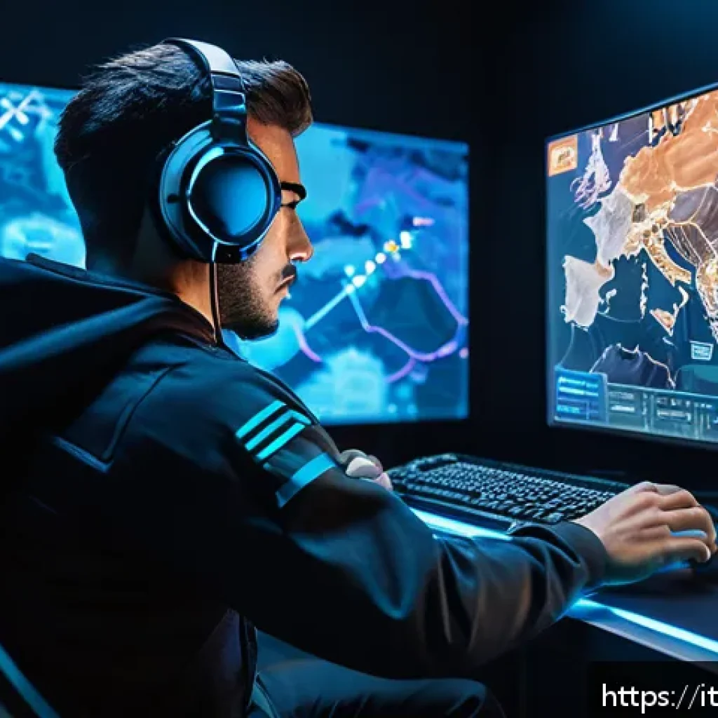 발로란트 초보자가 많이 하는 실수 - A tactical Valorant player carefully studying a detailed digital map on a futuristic holographic dis...