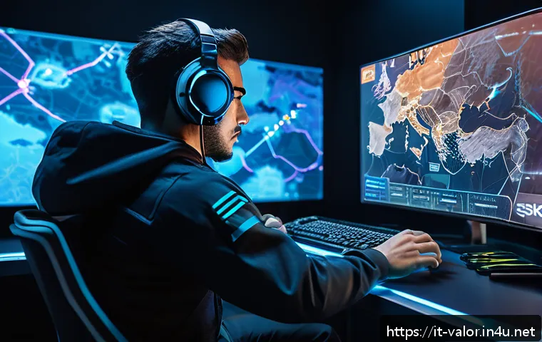 발로란트 초보자가 많이 하는 실수 - A tactical Valorant player carefully studying a detailed digital map on a futuristic holographic dis...