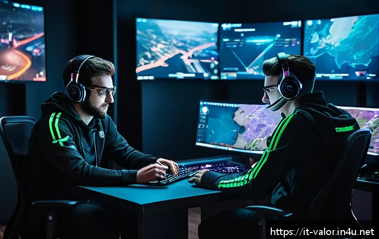 발로란트 경기 중 새로운 접근법 - A dynamic esports team in a Valorant match, featuring five diverse players wearing tactical gaming g...