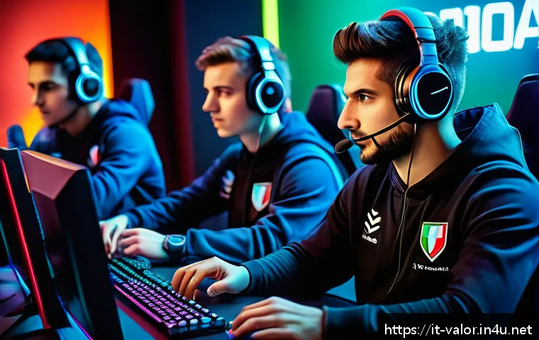발로란트 e스포츠 클랜 추천 - A dynamic esports team of five young Italian Valorant players in a modern gaming arena, wearing coor...