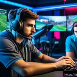 Home 19 발로란트 경쟁전 계급 올리는 팁 - A dynamic esports team in a modern gaming room, focused and communicating clearly during a Valorant ...