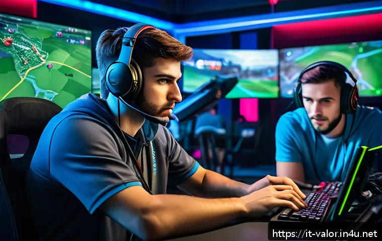 발로란트 경쟁전 계급 올리는 팁 - A dynamic esports team in a modern gaming room, focused and communicating clearly during a Valorant ...
