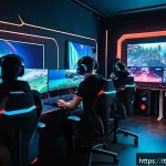 Home 18 발로란트 크로스 플랫폼 지원 여부 - A futuristic gaming lounge in Milan with diverse Italian gamers, all wearing casual esports attire a...