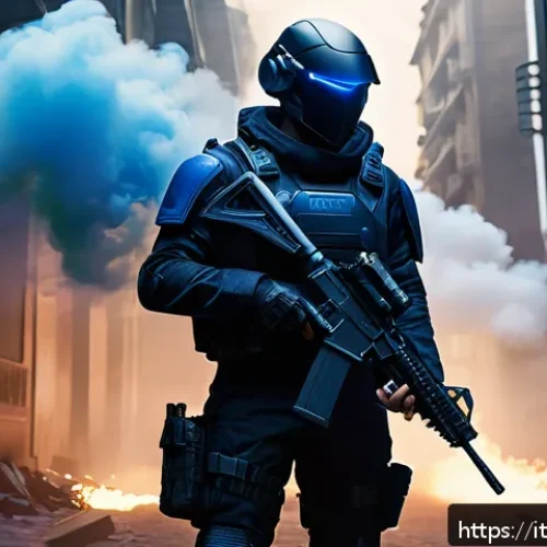 Home 17 발로란트 오멘 공략법 - A tactical scene depicting a futuristic urban battleground at dusk, featuring a stealthy male charac...