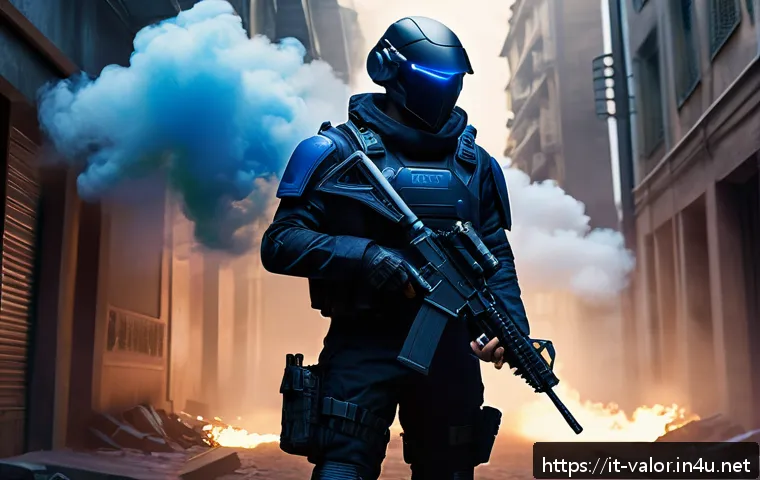 발로란트 오멘 공략법 - A tactical scene depicting a futuristic urban battleground at dusk, featuring a stealthy male charac...