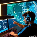 발로란트 라운드 운영 꿀팁 - Photorealistic cinematic esports scene in a modern Italian gaming lounge in Milan, five focused youn...