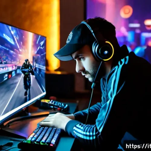발로란트 경쟁전 변화 요약 - Photorealistic Italian esports player in a modern gaming room in Milan, focused at a competitive tac...