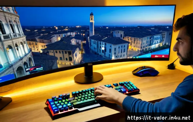 Home 17 발로란트 킬 조합 꿀팁 - Photorealistic over-the-shoulder view of an Italian esports player at a clean home gaming desk, focu...