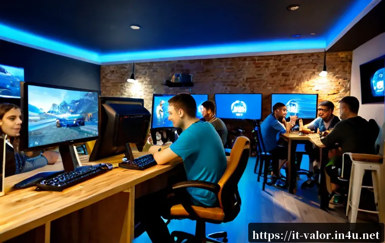 발로란트 커뮤니티 활성화 방법 - Photorealistic evening scene in a modern Italian gaming café, a diverse group of young adult friends...