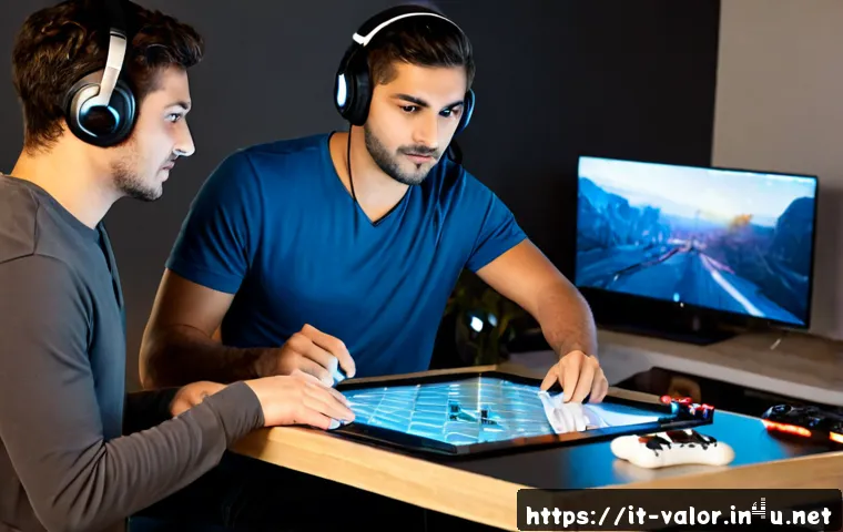 발로란트 친구와 협력 플레이 전략 - Photorealistic Italian young adult friends collaborating during a competitive tactical video game ma...
